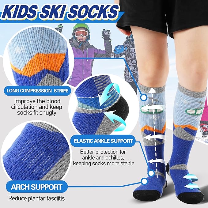 Kenning 4 Pairs Ski Socks Kids Winter Warm Long Knee Snow